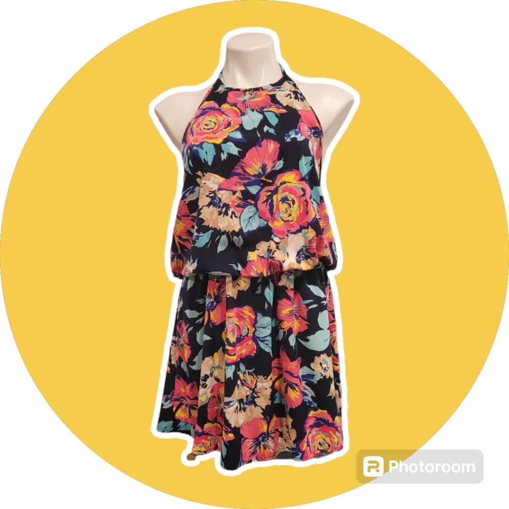 Peach Love Californial Womens Medium Floral Halter Mini Dress